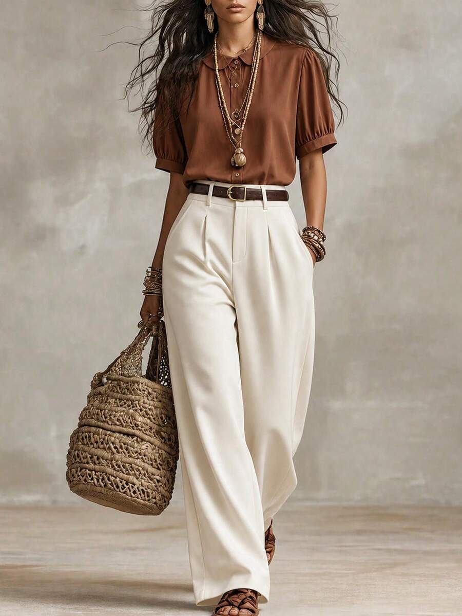 Franclia Women's Summer Brown And White 2 Pieces Set Front Button Short Sleeve Top,Seam Front Pants Elegant Office Work Outfit Business Casual Semi Formal - Multicolor - View 1