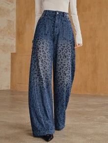 Anewsta Celana Jeans Lurus Motif Leopard dengan Hiasan Berlian Imitasi - Biru - View 4