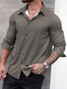 EGENSIO Plus Size Men's All-Over Print Long Sleeve Single-Breasted Casual Commute Shirt - Coffee Brown - View 6