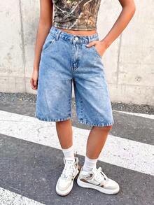 SHEIN 少女休闲日常通勤纯色百慕大牛仔短裤，夏季 - 中等水洗藍 - 查看 1