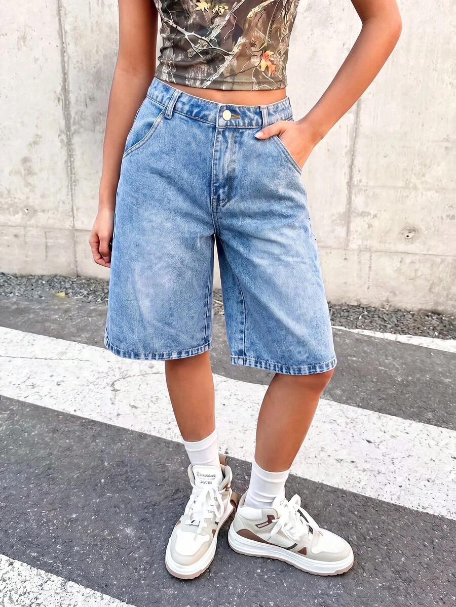 SHEIN 少女休闲日常通勤纯色百慕大牛仔短裤,夏季 - 中等水洗藍 - 查看 1