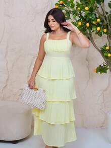 The Leen Edit Women's Pale Yellow Summer Ruffled Hem Sundress,Boho Beach Vacation Holiday,Spring Holiday Outfits Elegant - Yellow - View 2