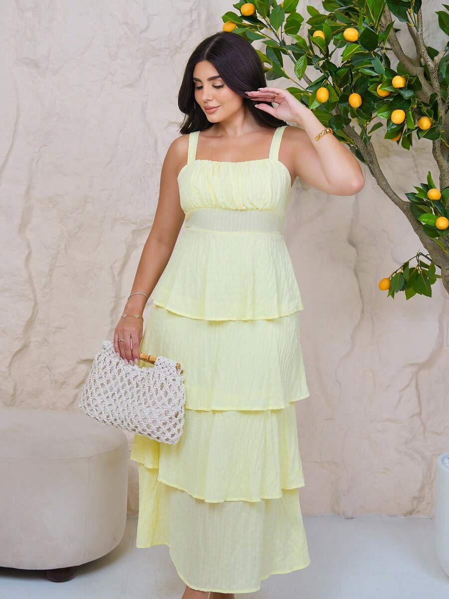 The Leen Edit Women's Pale Yellow Summer Ruffled Hem Sundress,Boho Beach Vacation Holiday,Spring Holiday Outfits Elegant