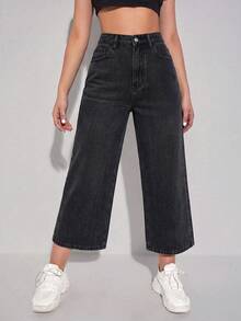SHEIN 女款休閒日常牛仔褲，附口袋與鈕扣，適合日常工作，黑色，夏季款 - 黑色 - 查看 4