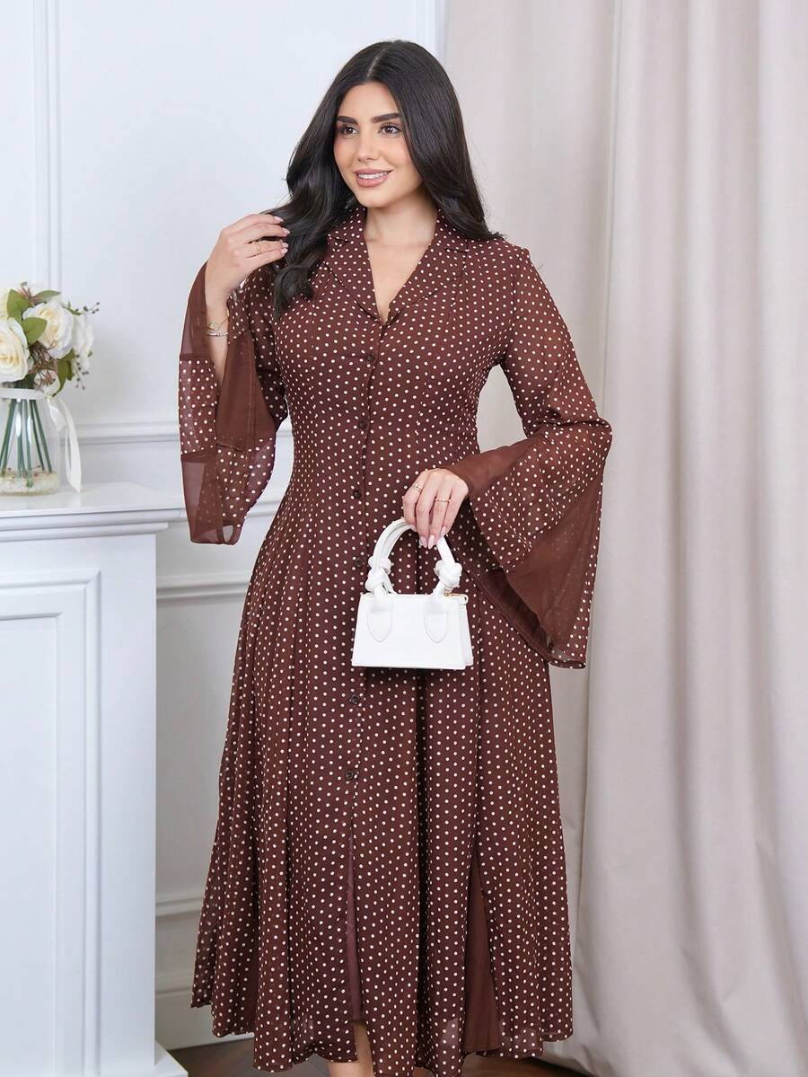 The Leen Edit Elegant Coffee Color Notched Collar Single-Breasted Waist Pleated Long Sleeve A-Line Shirt Dress For Women Vacation - Coffee - View 1