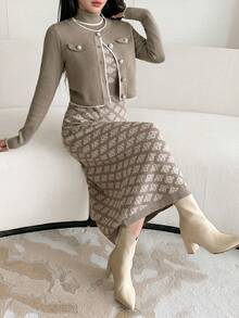 Feyla Women's All-Over Print Dress And Long Sleeve Top Casual Knit 2 Pieces Set - Khaki - View 5