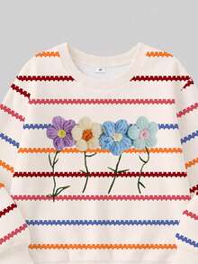SHEIN Elladie kids 女童2件套，田園甜美棕色花卉3D效果印花長袖抓絨衛衣上衣＋喇叭褲，柔軟套裝，秋冬季 - 彩色 - 查看 4