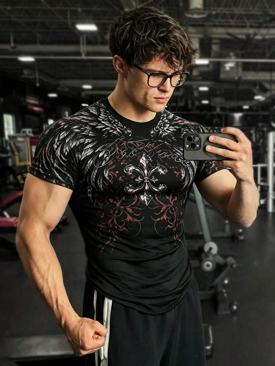 GymBeat 男士時尚圓領短袖運動T恤,翅膀圖案印花 - 彩色 - 查看 1