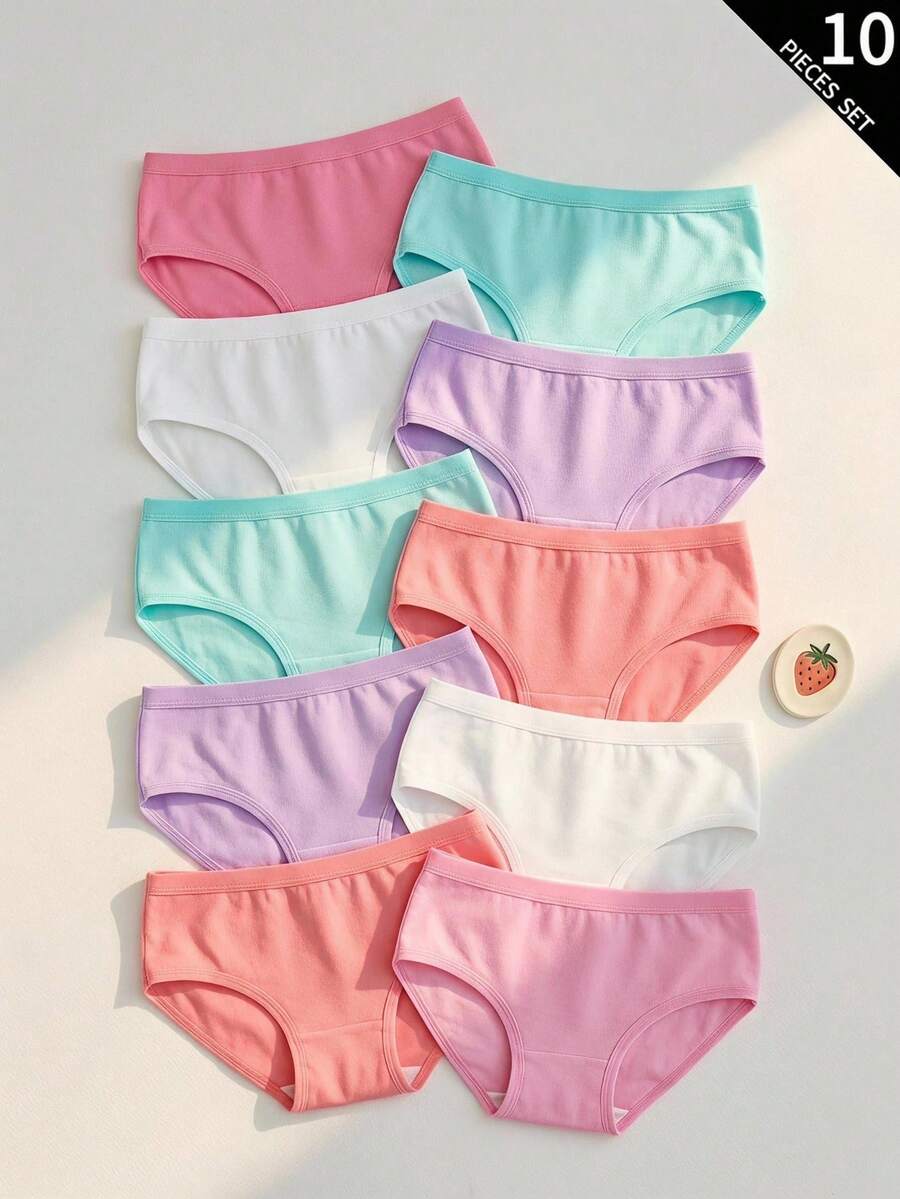 10pcs Girls Cute Solid Color Pink, Magenta, Purple, Green, White Printed Underwear Set Autumn Fall - Multicolor - View 1
