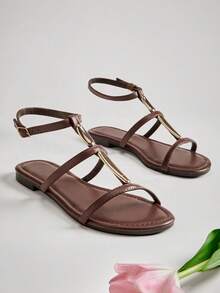 SHUZIA Women's Minimalist Casual Comfy Metal Chain Ankle Strap Flat Sandals - Chocolate Brown - View 3