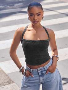 Denimoi Áo tank top dệt kim gân cổ vuông hở lưng chéo, thời trang mặc hàng ngày cơ bản - Màu xám đen - Xem 6