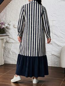 Lacomfia Plus Size Women's Woven Digital Print Striped Button-Up Patchwork Hem Elegant Romantic Dress - Multicolor - View 2