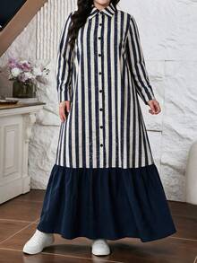 Lacomfia Plus Size Women's Woven Digital Print Striped Button-Up Patchwork Hem Elegant Romantic Dress - Multicolor - View 5