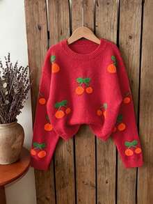 SHEIN Genkimix Kids Fashion Casual Sweet Cherry Pullover Sweater For Girls - Burgundy - View 5
