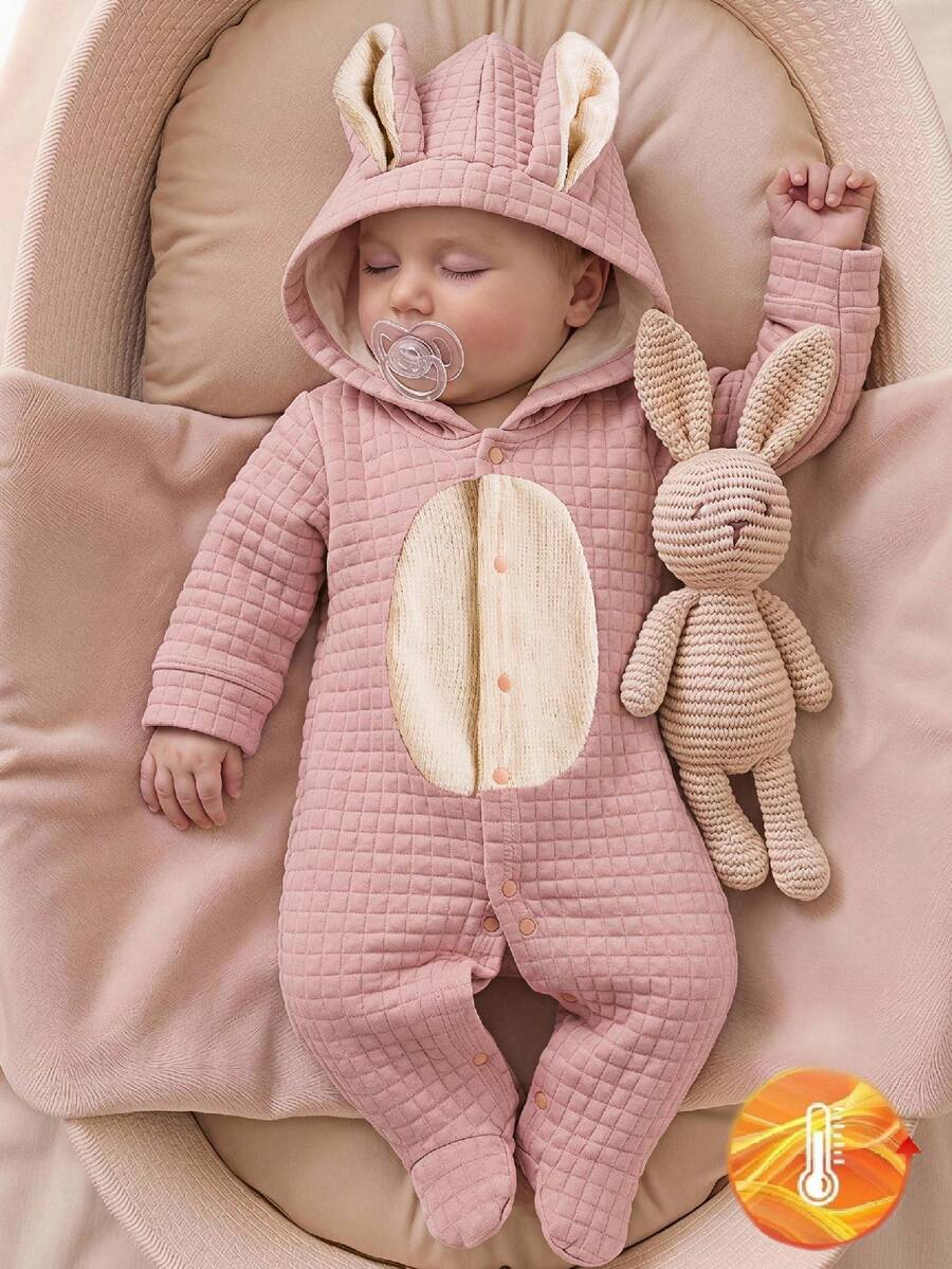 1 pieza Pijama de una pieza para bebé con diseño de orejas de conejo 3D rosa, suave y lindo, adecuado para otoño/invierno - Rosa Pálido - Ver 1