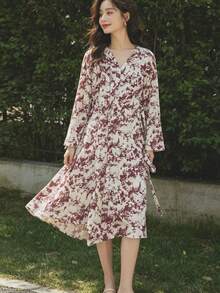 1件可愛兔子花卉印花和服浴袍，短袖V領裹身家居服，附側綁帶與荷葉邊下擺，輕便休閒夏季居家服 M-XXL - 彩色 - 查看 5