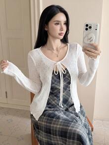 INAWLY Sexy Elegant Style Short Tie-Up Knit Sun Protection Cardigan, Loose Fit Slimming Layering Long Sleeve Top Everyday Date Off-White Autumn - White - View 7