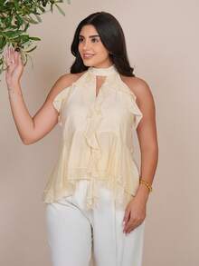 The Leen Edit Women's Cream White Summer Elegant Romantic Tea Party Night French-Style High-Neck Ruffled Sleeveless Chiffon Blouse, Retro V-Neck Highlights Top - Apricot - View 4