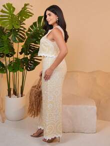 The Leen Edit Women's Summer Vacation Embroidered Shell Trim Camisole And Pants 2 Pieces Set,Summer Outfits For Women Elegant - Yellow - View 3