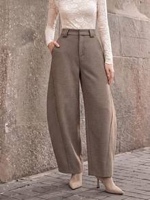 Anewsta Autumn/Winter Vintage British Style High Waist Curved Leg Brown Gray Casual Pants - Coffee Brown - View 4