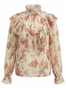 LUMIGAL Floral Chiffon Ditsy Print Ruffle Trim Stand Collar Double Layer Front & Back Flounce Patchwork Puff Bell Long Sleeve Women's Blouse - Multicolor - View 5