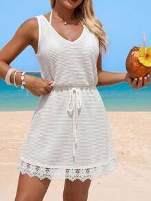 Swim Lushoire Women's New Summer Swimwear Fashion Vacation Elegant Sexy Casual Bohemian White Textured Fabric Contrast Lace Trim V-Neck Tie Sleeveless Dress Cover-Up, Summer Beach Vacation, Casual, Work, Country, Easter, Thanksgiving, Mother's Day, Pool Party, Music Festival, Cruise, Club, Wedding, Weekend Picnic - White - View 3