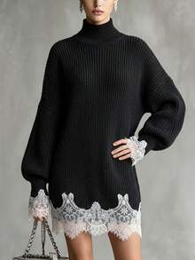 SHEIN Women's High Neck Contrast Lace Hem Elegant Knit Dress - Black - View 5
