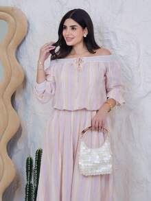 The Leen Edit Spring/Summer Lace Trim Patchwork Loose Casual Textured Pleated Pink Striped Valentine's Day Wedding Vacation Beach Off-Shoulder Short Top Elegant - Burnt Orange - View 3
