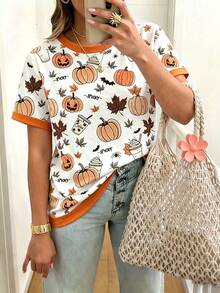 SHEIN LUNE Women's Pumpkin Print Crew Neck Short Sleeve T-Shirt, Halloween T-Shirt, Summer - White - View 1