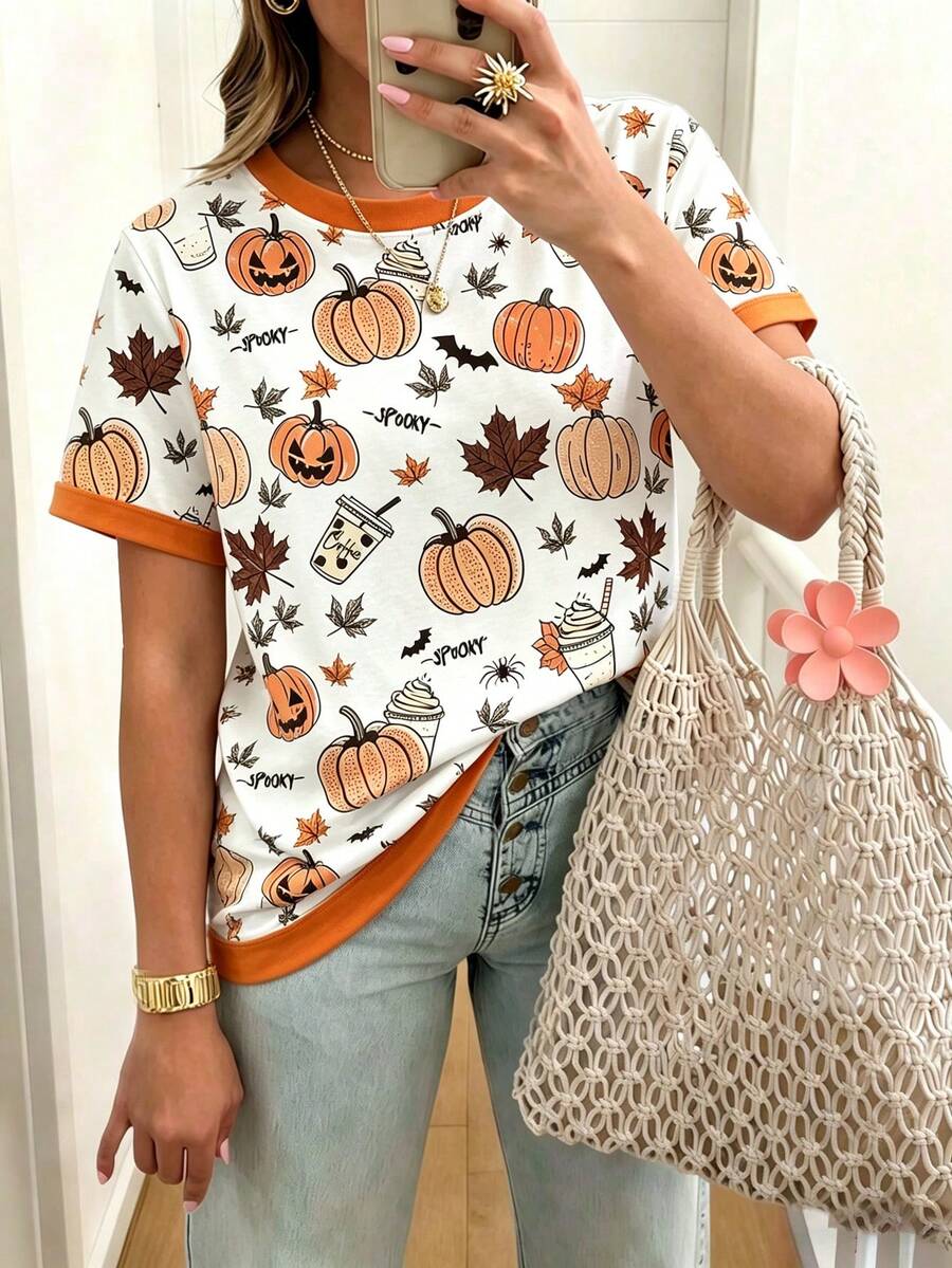 SHEIN LUNE Women's Pumpkin Print Crew Neck Short Sleeve T-Shirt, Halloween T-Shirt, Summer - White - View 1