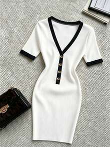 Trelyra Fashion Slim Fit Sexy Deep V-Neck Metal Buckle Decor Contrast Color Short Sleeve Women's Dress - White - View 3