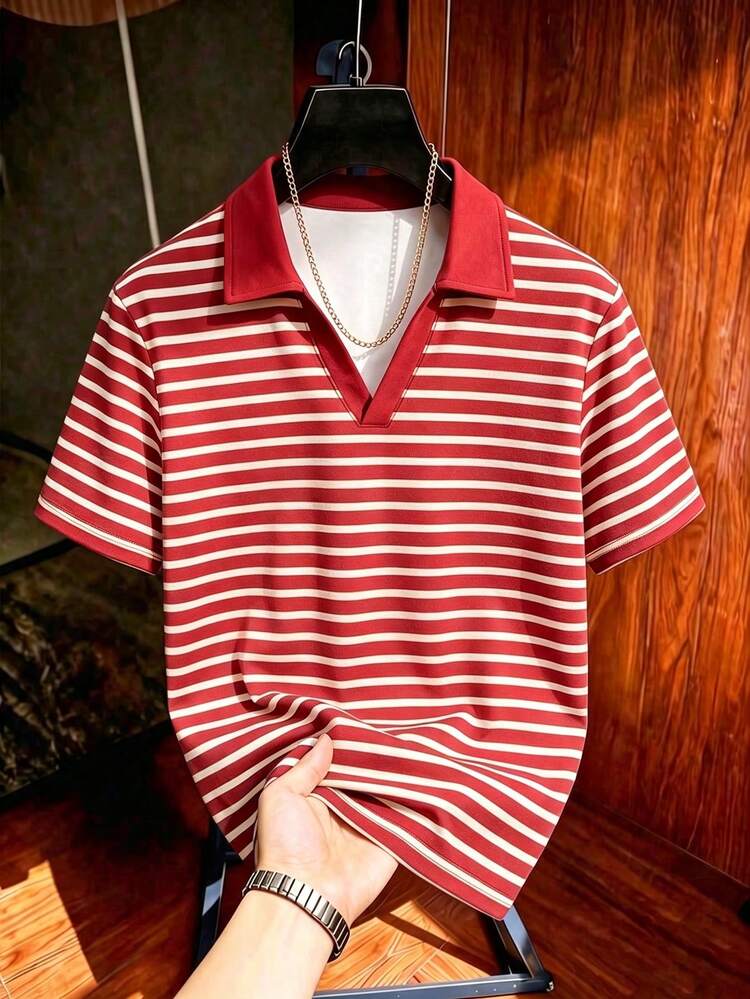 Resyla Men Men's Red And White Stripe Striped Polo Shirt Classic Nautical Style American Vintage Tropical, Korean Cleanfit Minimalist, Japanese Casual Summer - Multicolor - View 5