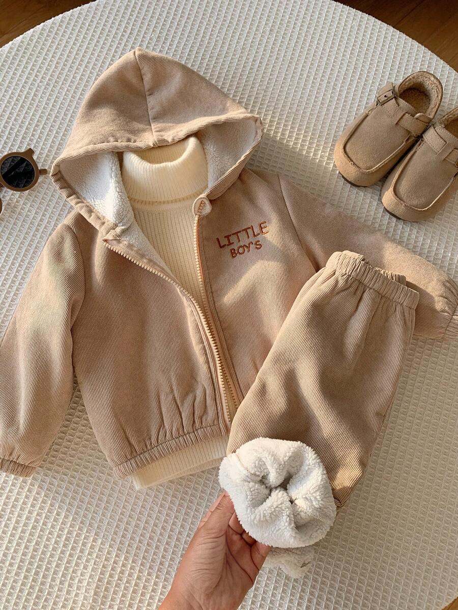 SHEIN 2件組男嬰秋冬可愛百搭淺卡其色保暖內裡加厚連帽外套與長褲套裝,保暖內裡外套套裝,秋冬套裝,連帽套裝,滑雪套裝 - 彩色 - 查看 1