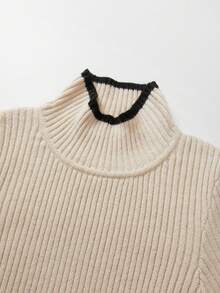 SHEIN Sweater Rajut Bergaris Wanita, Kerah Tinggi dengan Trim Kontras, Potongan Ramping, Lengan Panjang, Hem Tidak Beraturan, Elegan - Aprikot - View 4