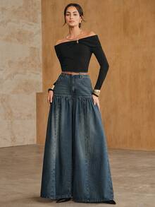 Anewsta Women's New Fashion Design Patchwork Vintage Nostalgic Washed Blue Jeans Wide Leg Pants - Blue - View 6