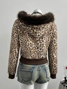 Elamini Women's Leopard Print Hooded Patchwork Fuzzy Design Zip-Up Slim Fit Flattering Short Y2K Retro Sexy Hot Girl Street Style Fashion Commute Sweatshirt - Brown - View 2