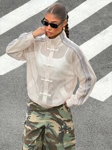 Muchica Women's Plus Size Frog Button Semi-Sheer Mesh Jacket White Autumn Fall - White - View 4