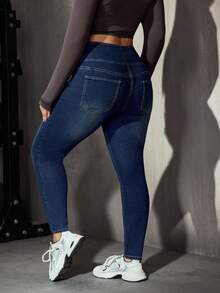 Flexra Casual Slim Fit High Waist Navy Blue Daily Stretchy Washed Comfortable Flattering Wear Plus Size Jeans For Women Formal Date Night Summer - Dark Wash - View 11