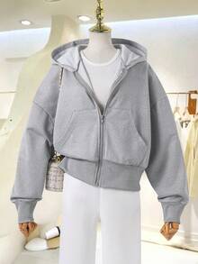 SHEIN 青少年女孩秋季服飾 銀色白色黑色大廓形街頭風拉鍊連帽衛衣休閒外套保暖穿搭長袖寬鬆第六級學校 - 灰色 - 查看 5
