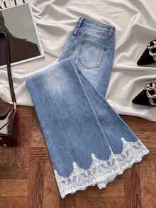 GlowEve Women's Casual Versatile Daily Wear Denim Jeans With Pocket, Button And Lace Patchwork - Blue - View 3