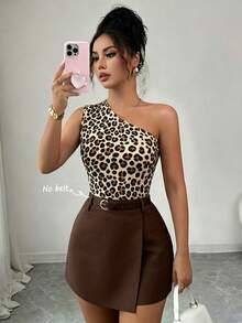 Franclia Sexy Slim Fit Leopard Print One Shoulder Tank Top & Wide Leg Casual Shorts 2pcs Set For Women, Commuter Travel Office Outfit - Brown - View 3