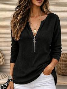 EMERY ROSE Women's Solid Color Zipper Half-Placket Long Sleeve Knit T-Shirt - Black - View 1