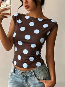 Aloruh 女款波點印花性感露背T恤 - 棕色 - 查看 6