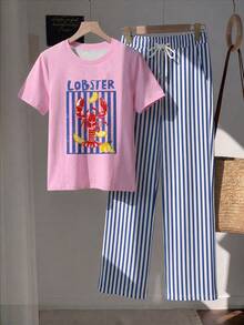 Comfortcana 2pcs Set Embroidered Round Neck Short Sleeve Top And Striped Print Pants, Casual - Multicolor - View 4