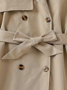 SHEIN Tween Girls Back To School Vintage Khaki Double-Breasted Belted Lapel Collar Midi Coat Fall Winter - Khaki - View 4