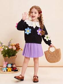 YOUNG GIRLS Spring Fall Sweet 3D Floral Applique Long Sleeve Button Front Knit Cardigan Sweater & Pleated Skirt 2Pcs Casual Outfit Set - Black - View 1
