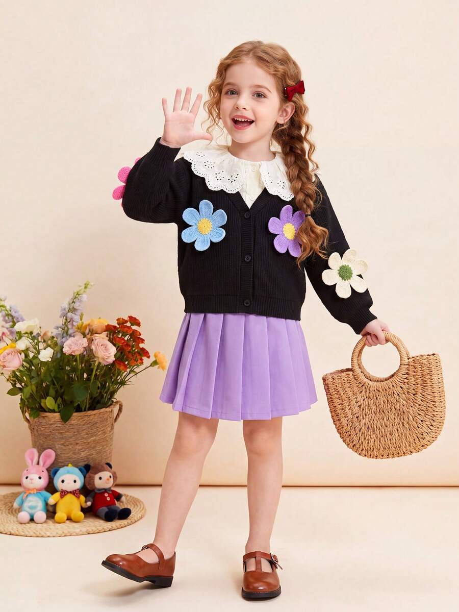 YOUNG GIRLS Spring Fall Sweet 3D Floral Applique Long Sleeve Button Front Knit Cardigan Sweater & Pleated Skirt 2Pcs Casual Outfit Set - Black - View 1