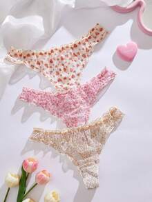 SHEIN 3件組女款低腰網布印花荷葉邊丁字褲內褲 - 彩色 - 查看 3