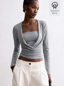 ATUI Studio Cross-Wrap Design Gray Long Sleeve Top, Square Neck, Minimalist Daily Commute T-Shirt - Grey - View 1