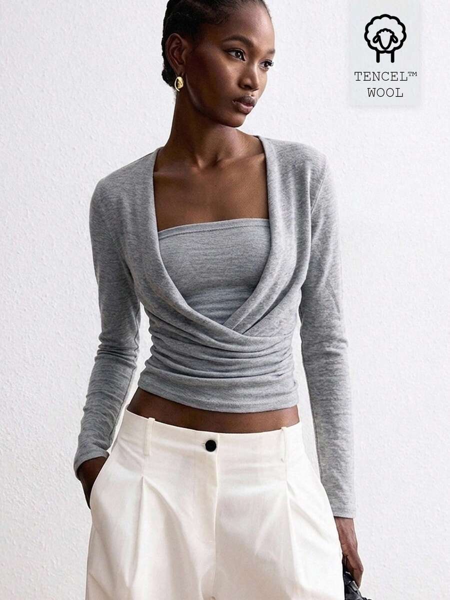 ATUI Studio Cross-Wrap Design Gray Long Sleeve Top, Square Neck, Minimalist Daily Commute T-Shirt - Grey - View 1